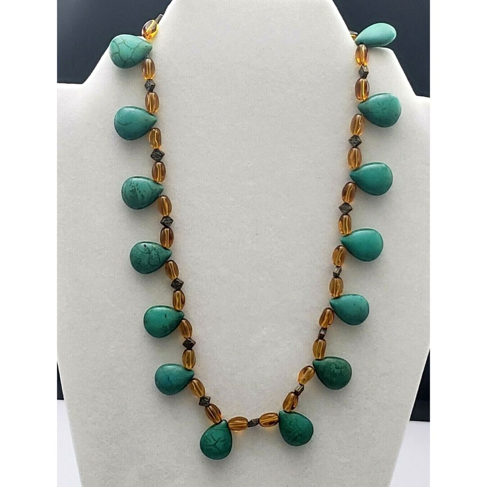 Green Gemstone Amber Glass Beaded Necklace Teardrop Handcrafted Silver Tone